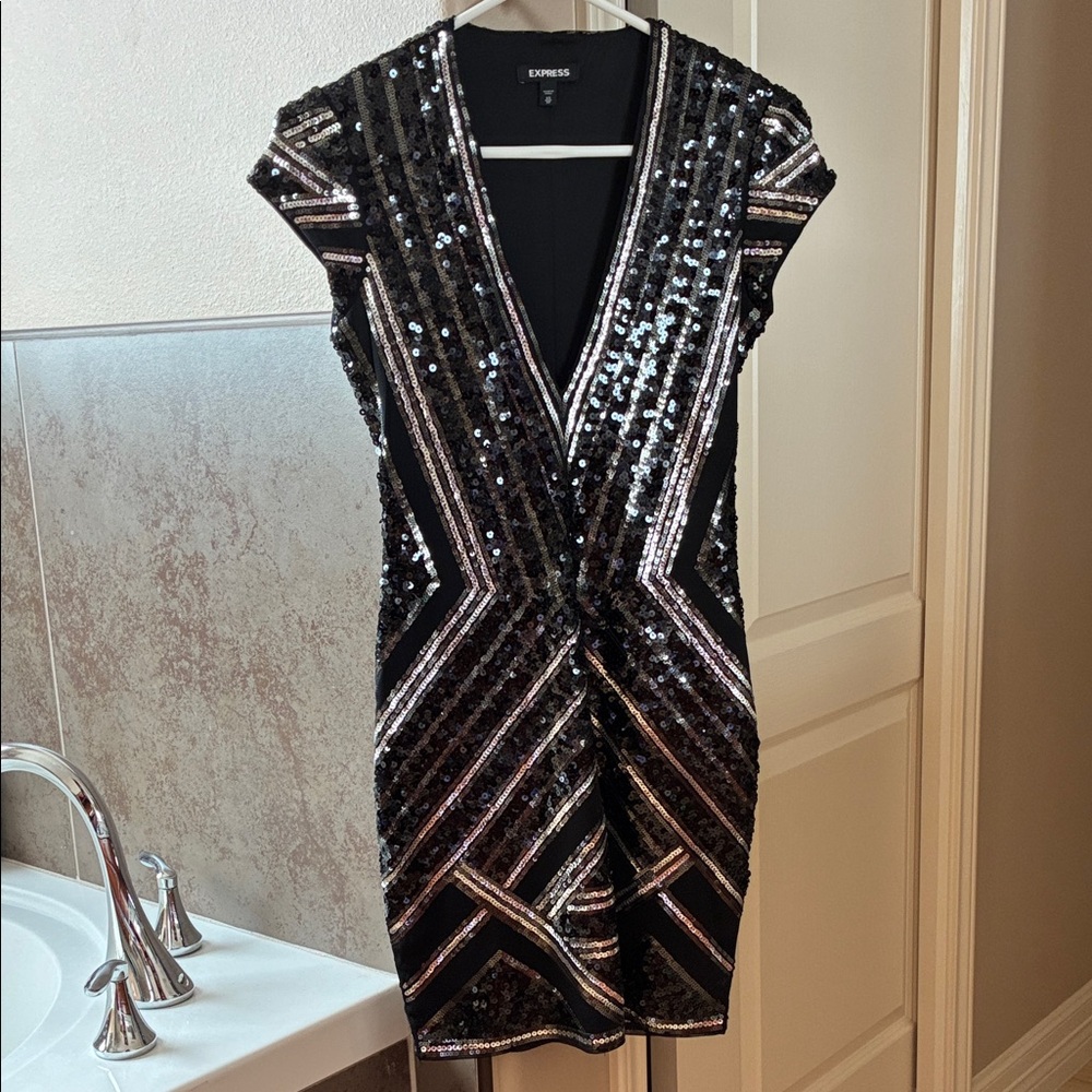 Express Black and Silver Sequin Mini Dress